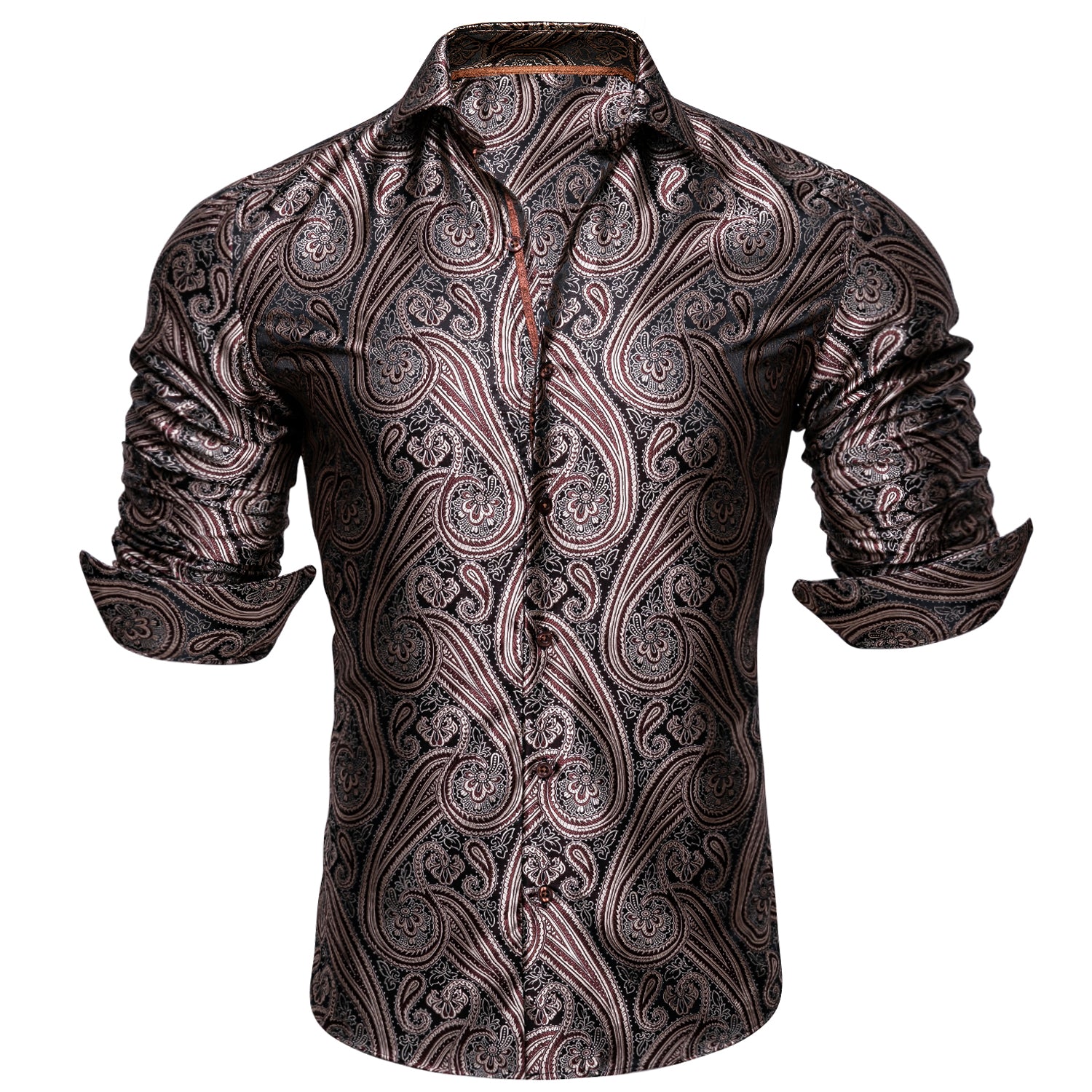 Barry.wang Brown Black Silk Paisley Tribal Long Sleeve Daily Tops Men's Shirt