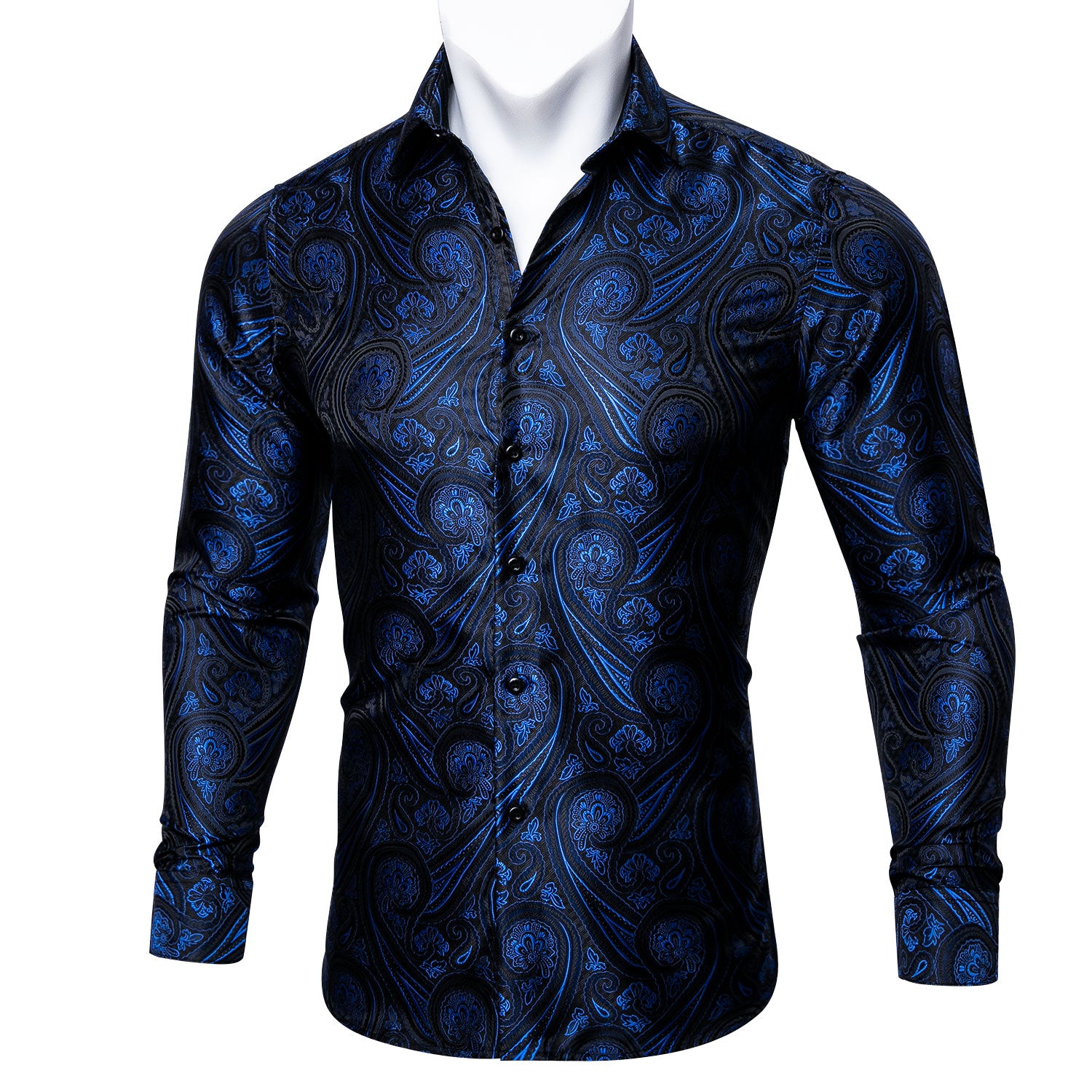Barry.wang Blue Paisley Silk Tribal Long Sleeve Daily Plus Size Men's Shirt