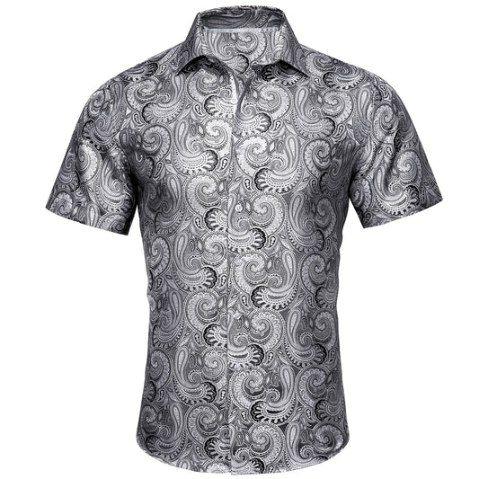 Barry. Wang Silver Silk Paisley Tribal Short Sleeve Daily Slim Fit Men's Shirt