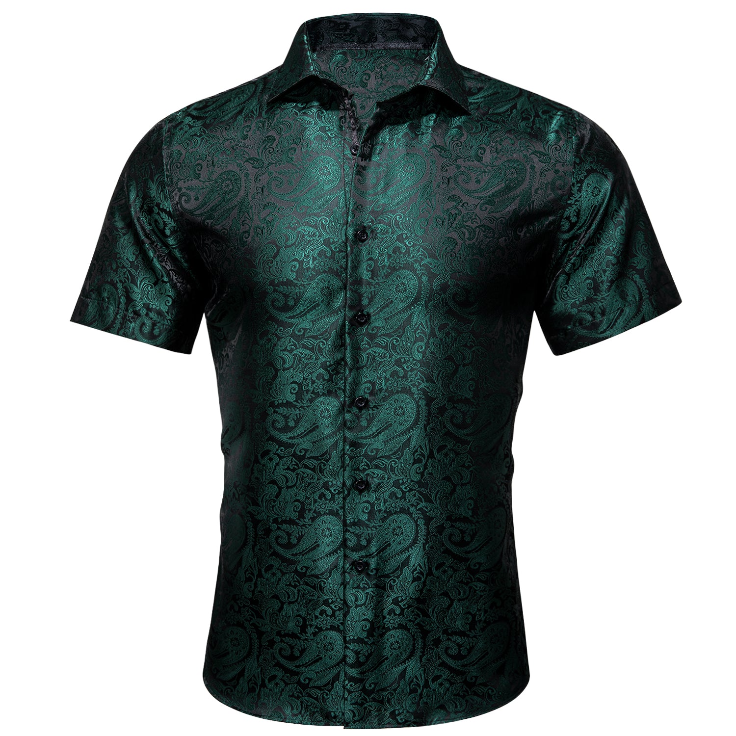 Barry.wang Green Silk Paisley Short Sleeve Daily Slim Fit Men's Shirt