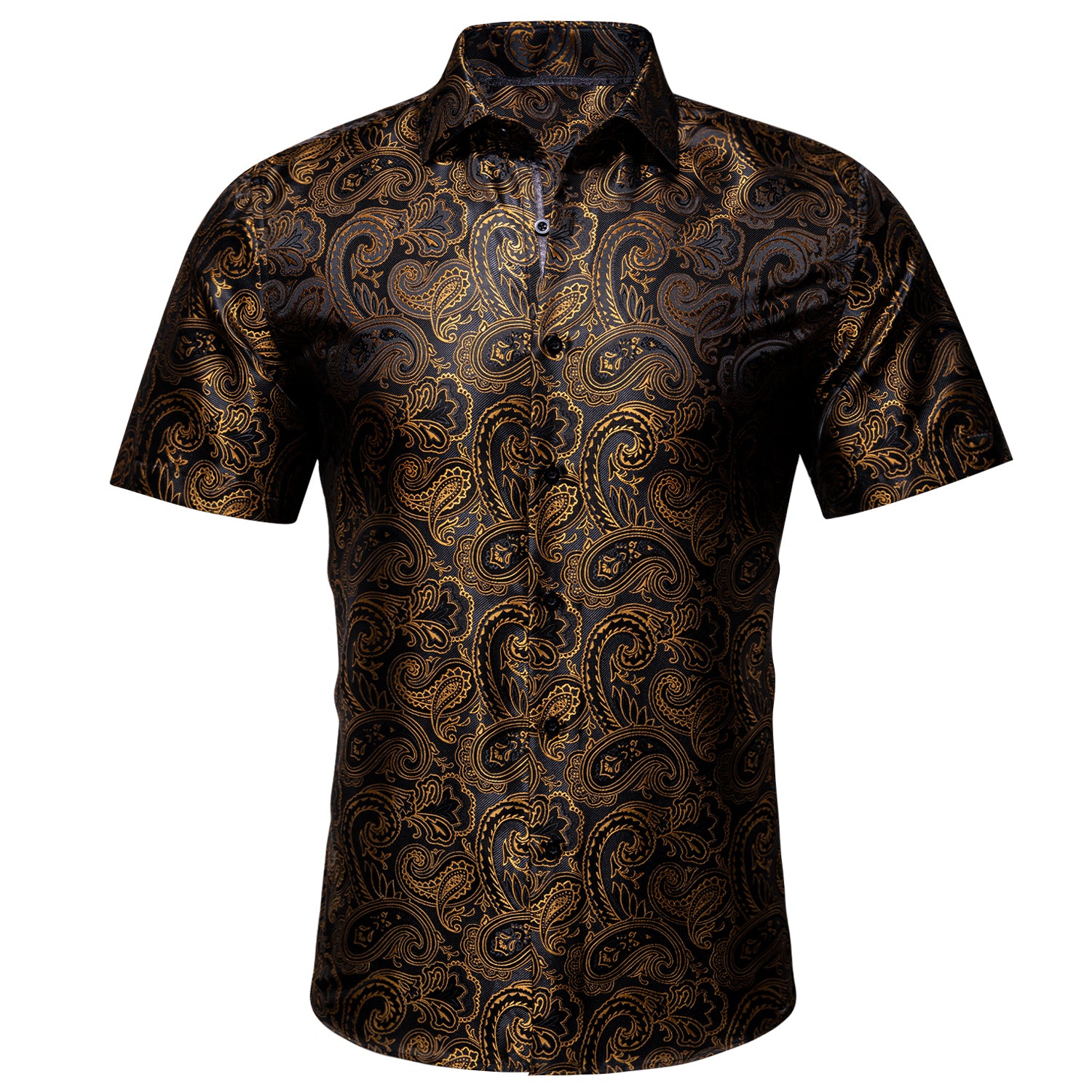 Black Golden Silk Paisley Short Sleeve Shirt