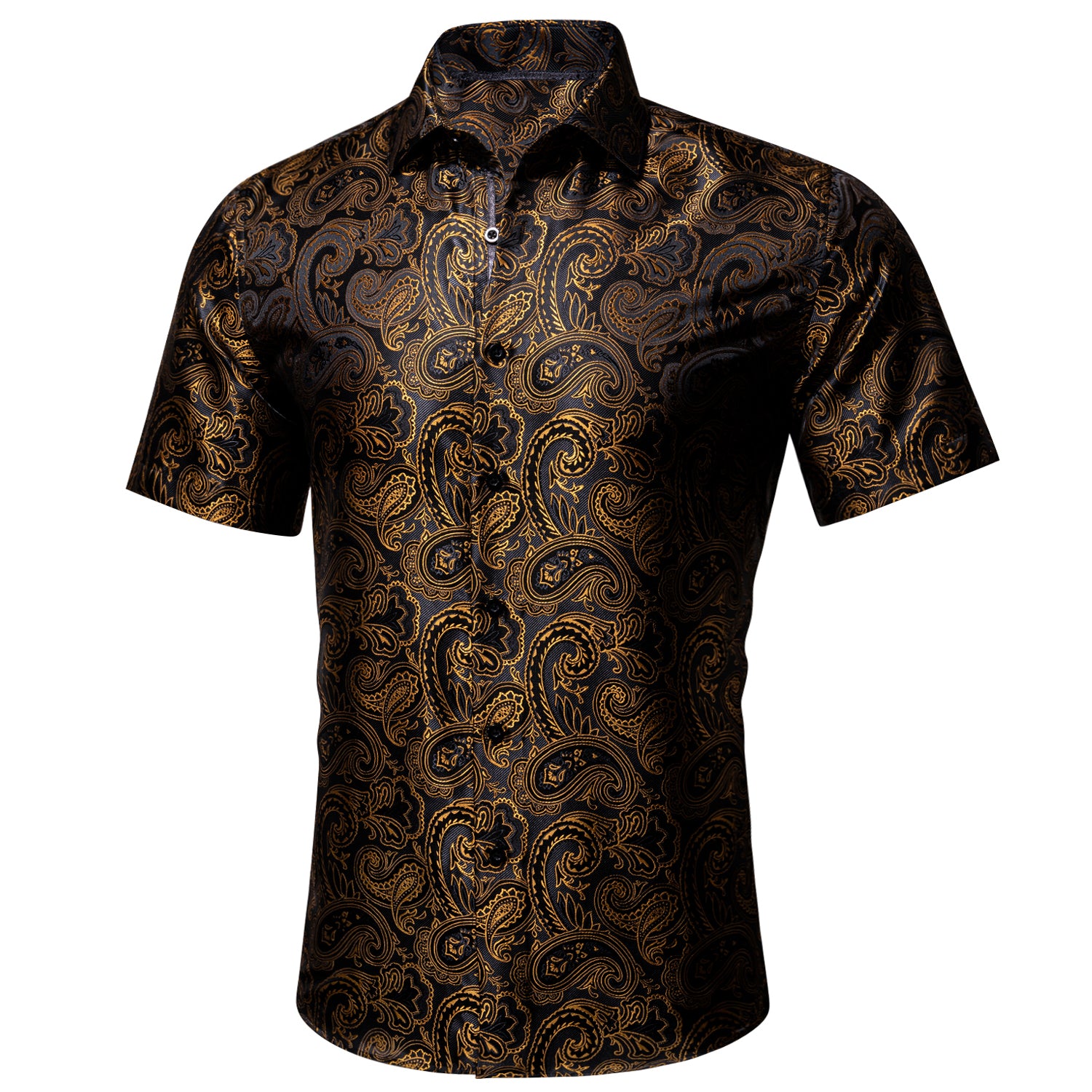 Barry.wang Men's Shirt Black Golden Silk Paisley Short Sleeve Shirt