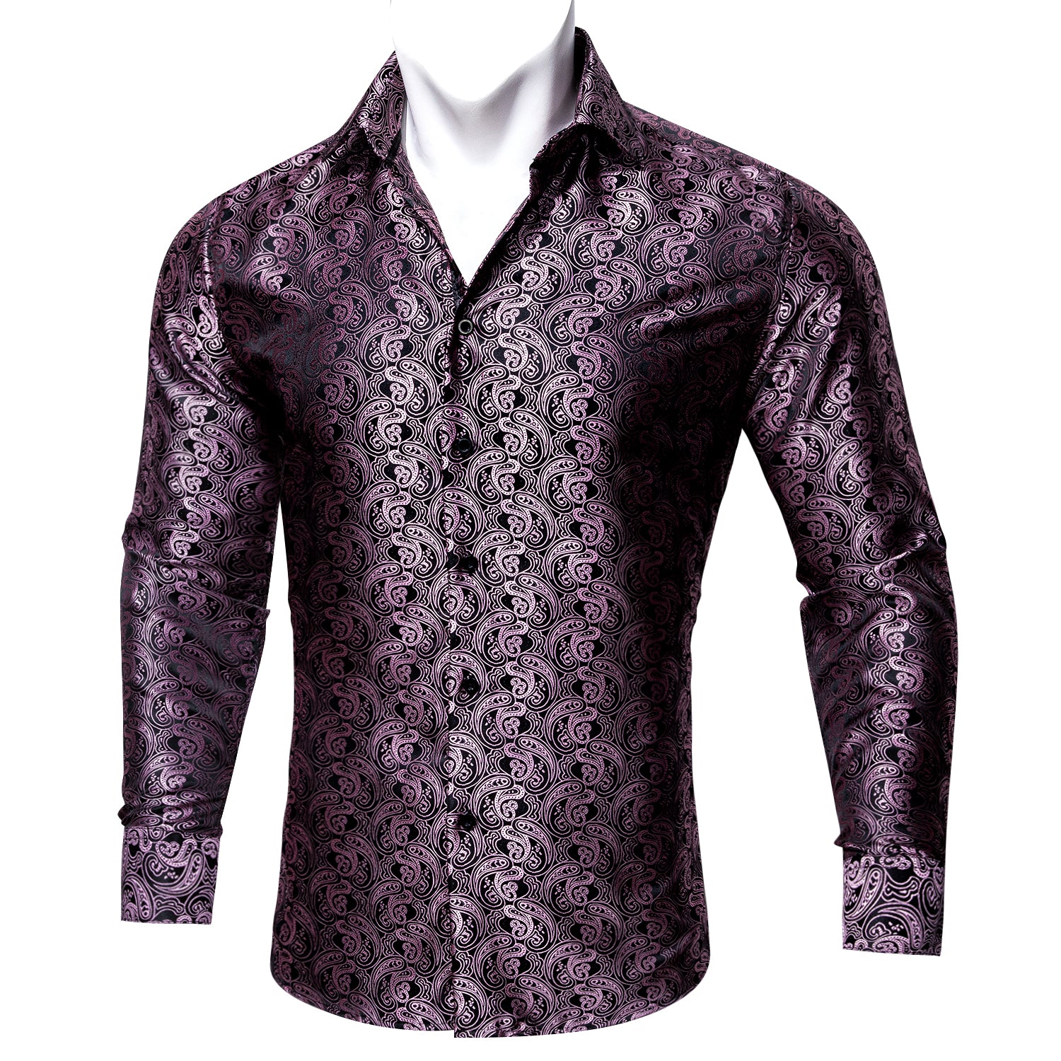 Barry.wang Men's Shirt Black Pink Paisley Silk Long Sleeve Shirt