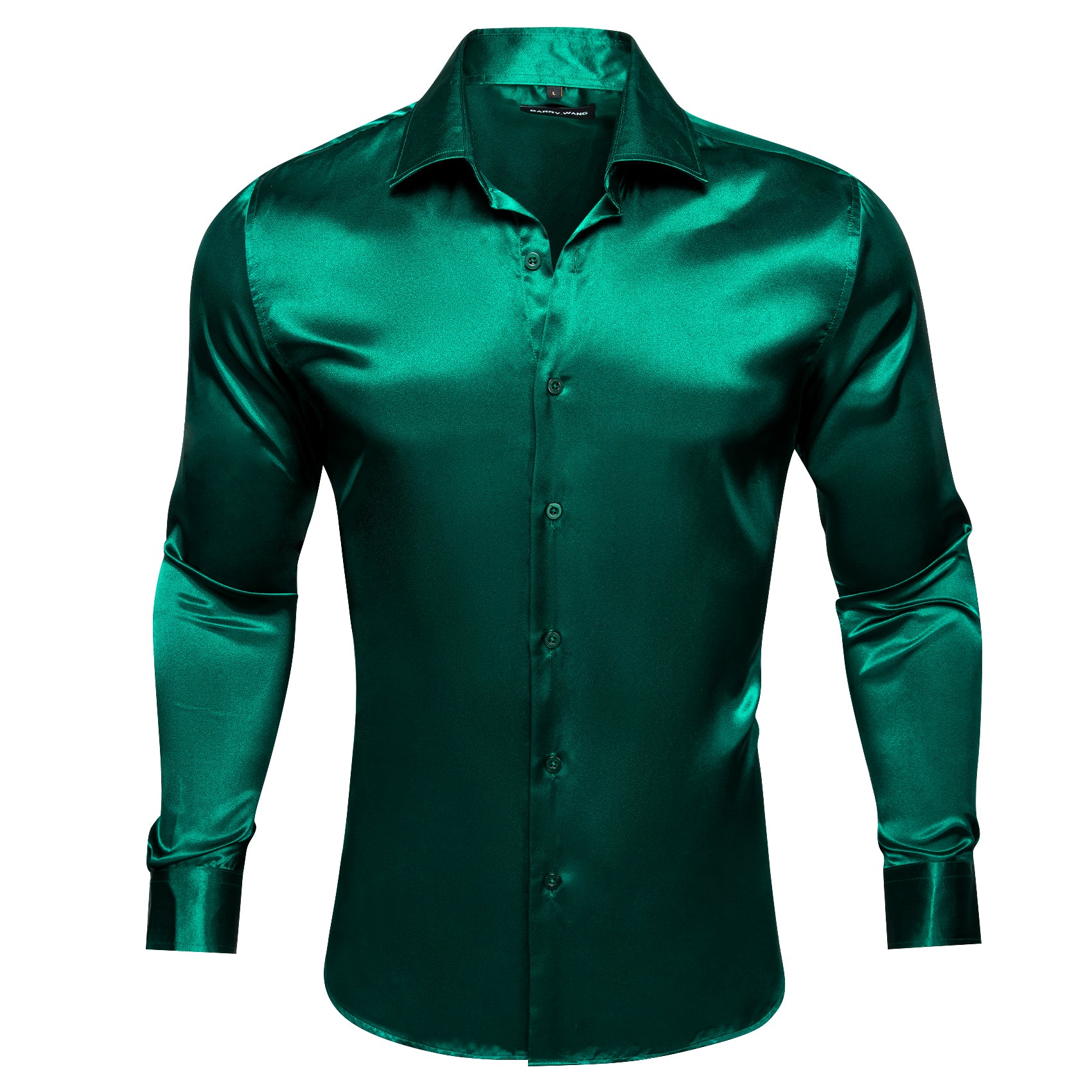 Barry. Wang Hunter Green Satin Mens Dress Shirts Long Sleeve Solid Formal Shirt