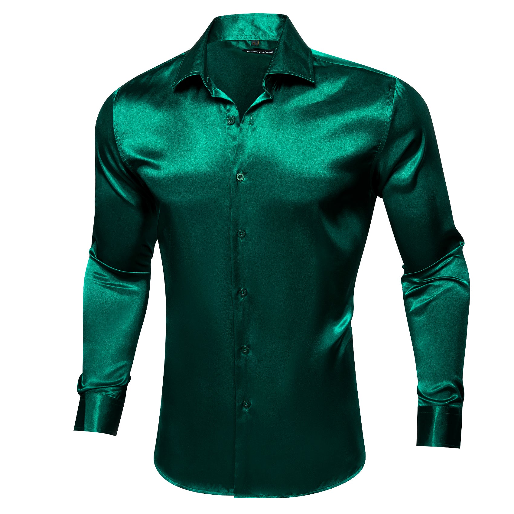Barry. Wang Hunter Green Satin Mens Dress Shirts Long Sleeve Solid Formal Shirt