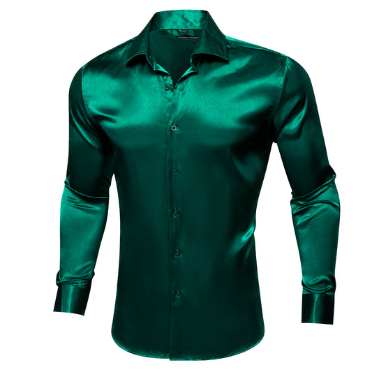 Barry. Wang Hunter Green Satin Mens Dress Shirts Long Sleeve Solid Formal Shirt