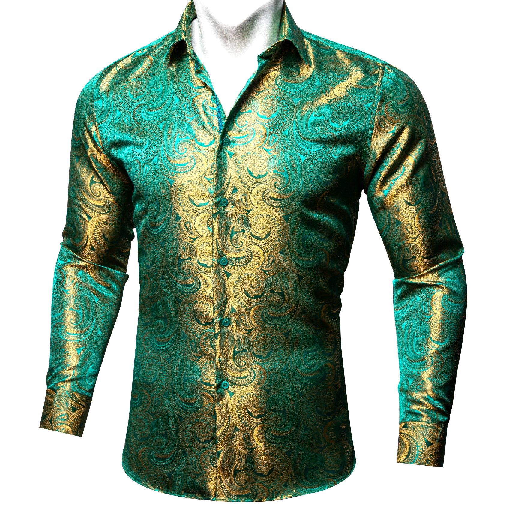 Barry.wang Button Down Shirt Green Gold Paisley Silk Men's Shirt