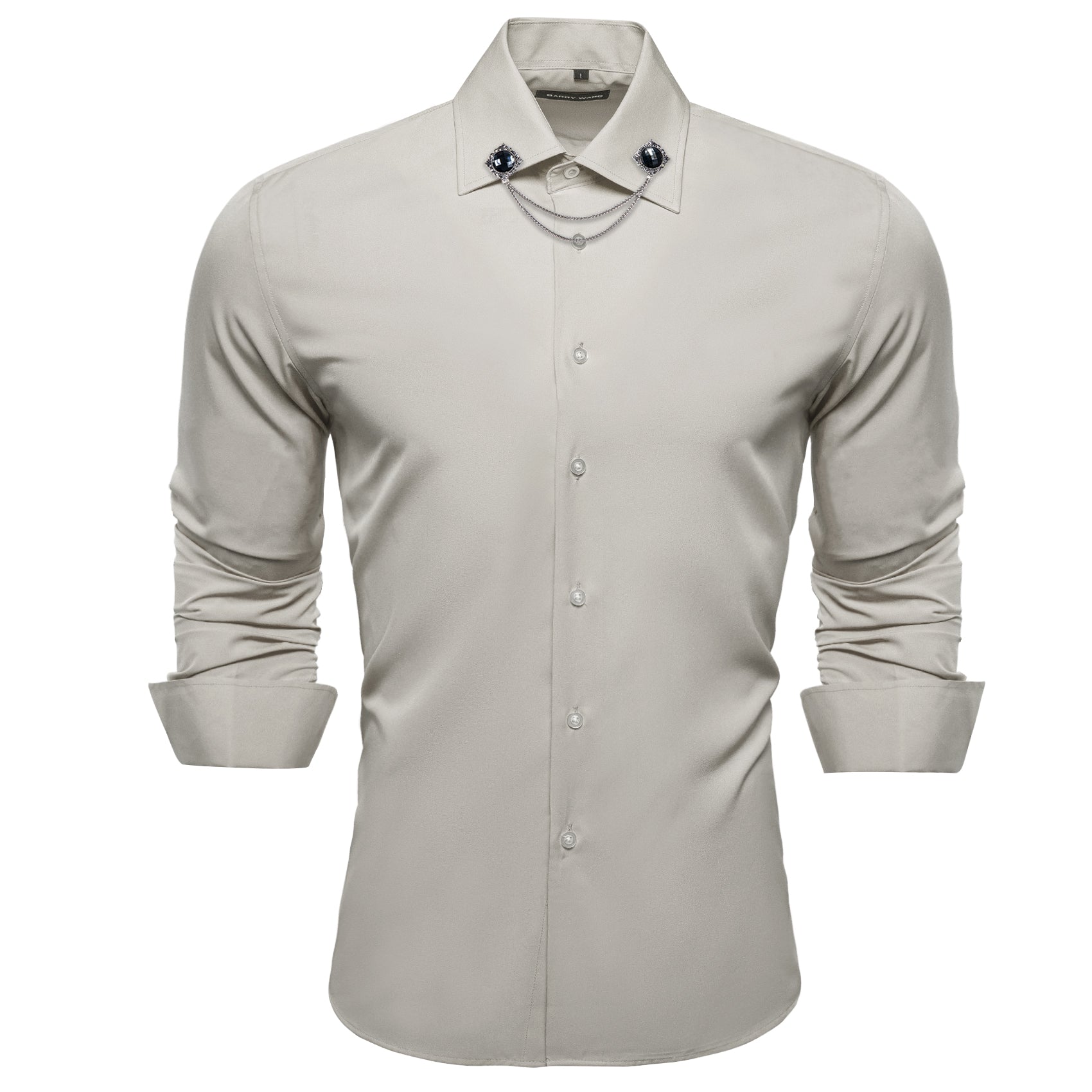 Barry.wang Light Grey Solid Silk Shirt with Collar Pin