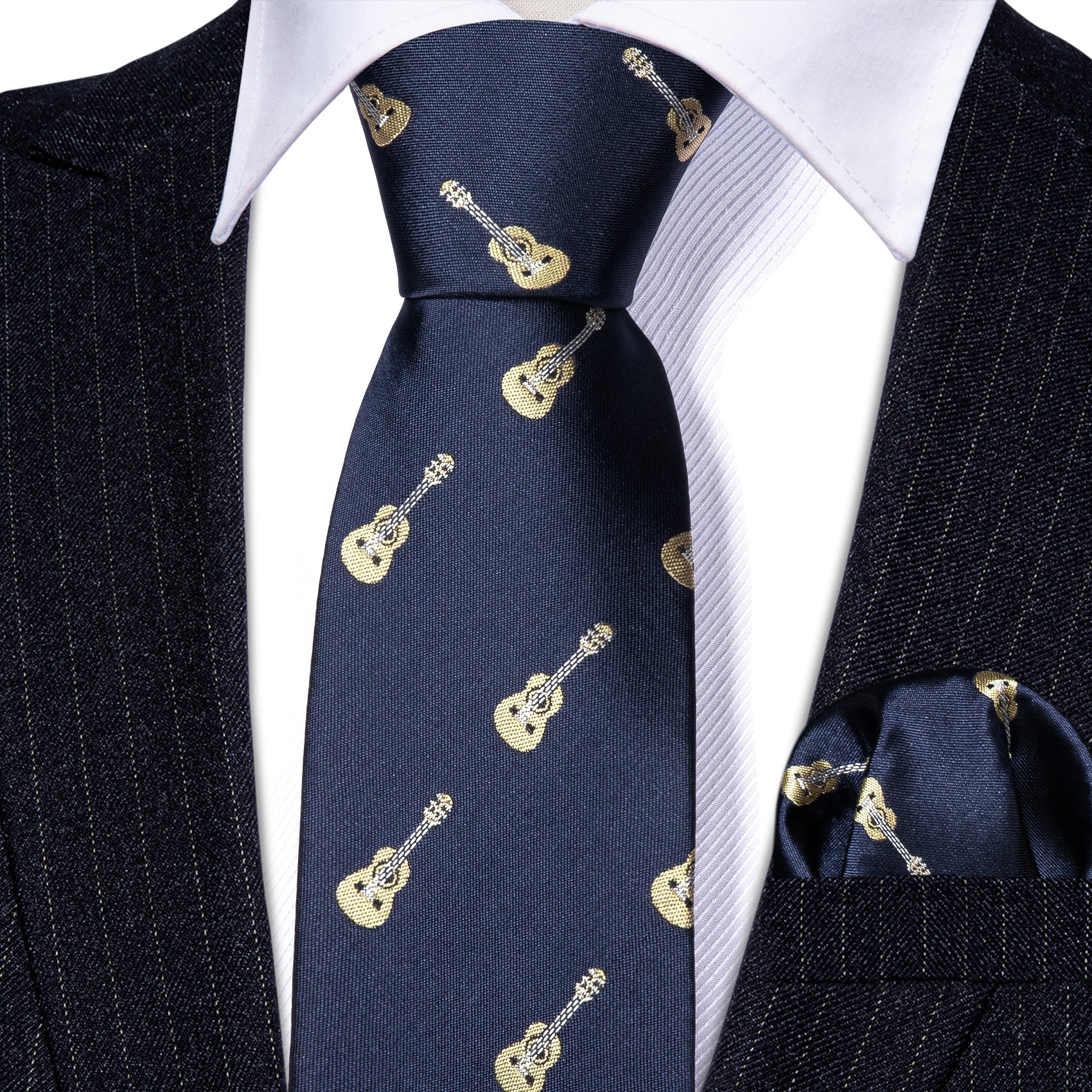 Children Blue Violin Print Tie Pocket Square Set for Party