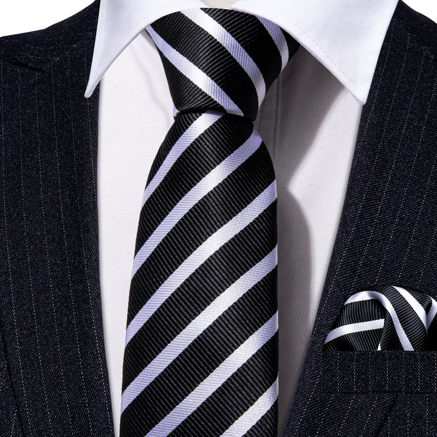 Children Black White Striped Tie Pocket Square Set for Boys