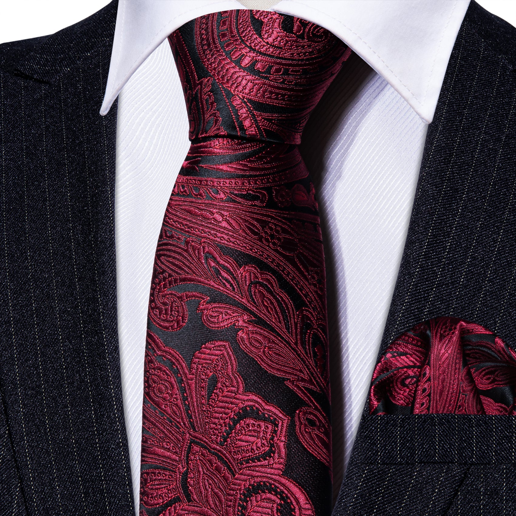 Barry Wang Children Red Black Paisley Boys Silk Tie Pocket Square Set