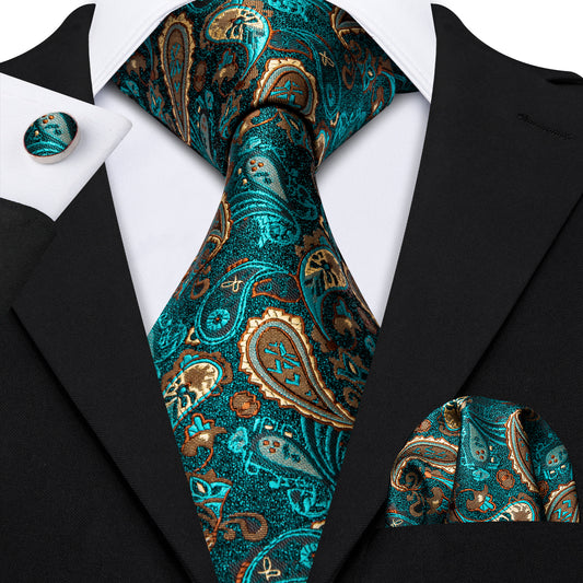 Barry Wang Green Brown Paisley Tie Hanky Cufflinks Set