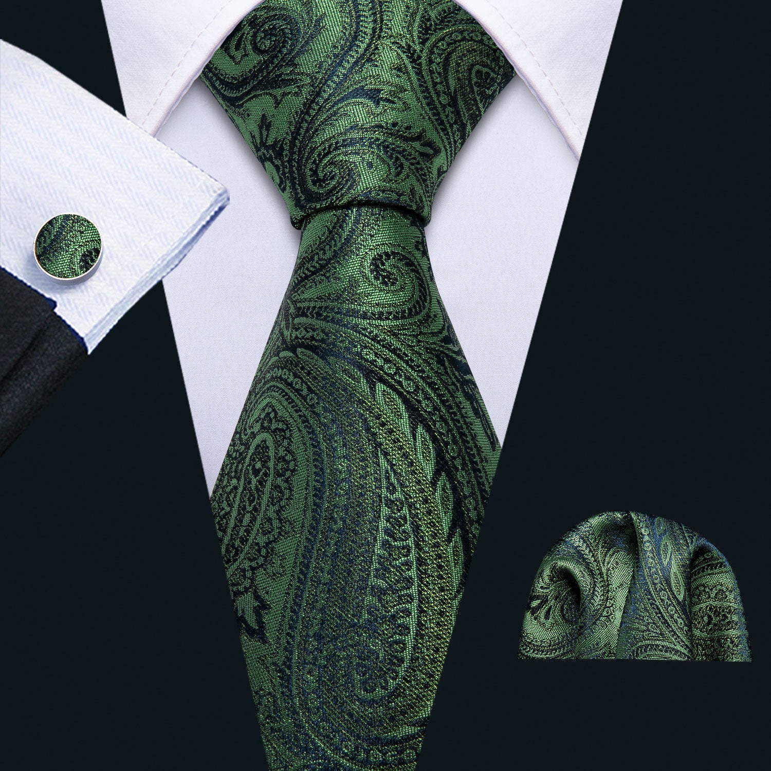 Barry Wang Deep Green Paisley Necktie Pocket Square Cufflinks Set