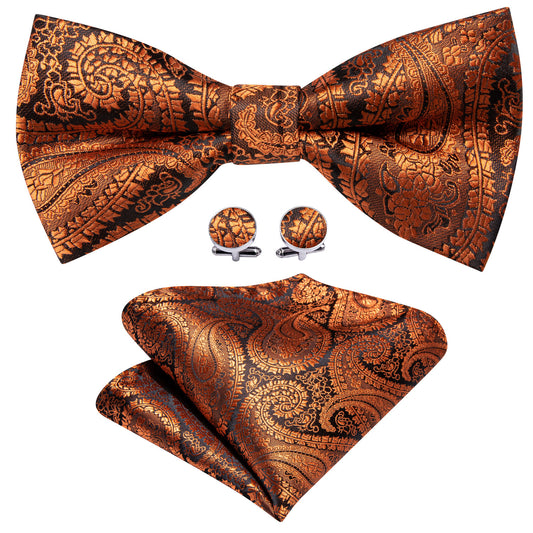 Brown Rust Orange Paisley Mens Bow Tie Hanky Cufflinks Set