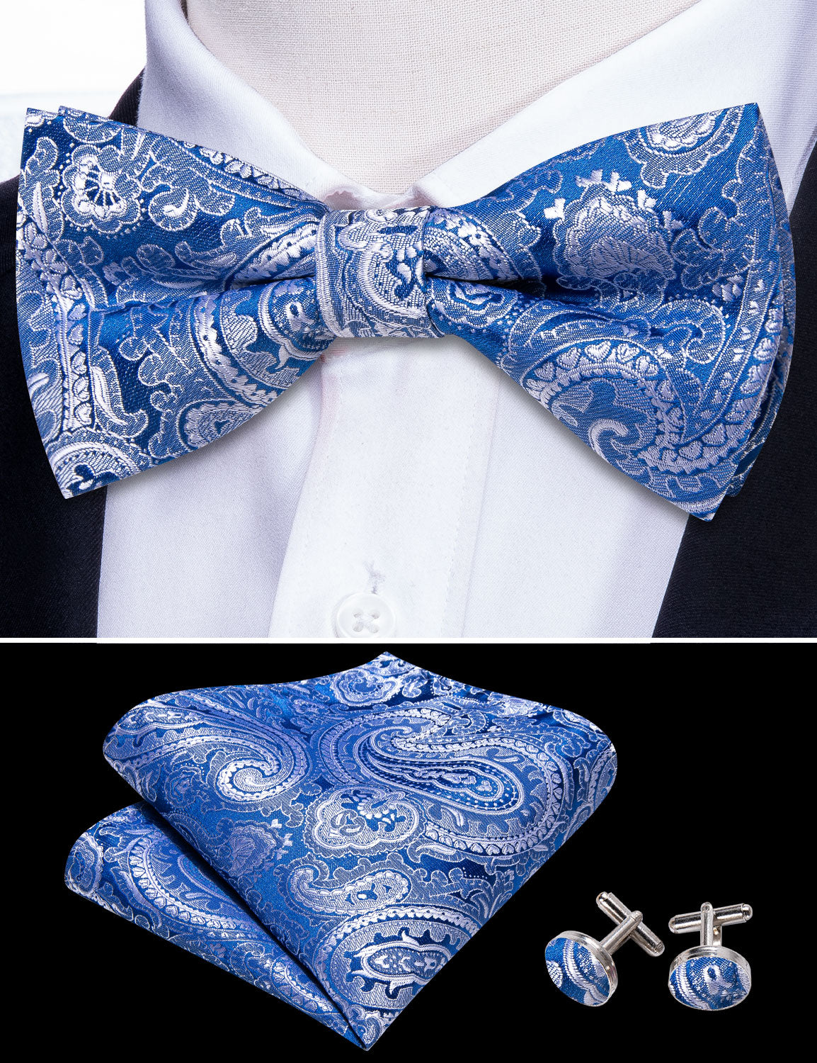 Blue Silver Paisley Pre-tied Bow Tie Hanky Cufflinks Set