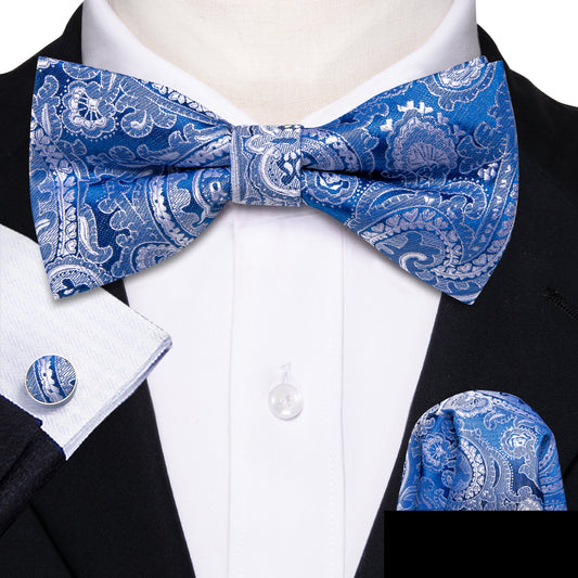 Blue Silver Paisley Pre-tied Bow Tie Hanky Cufflinks Set