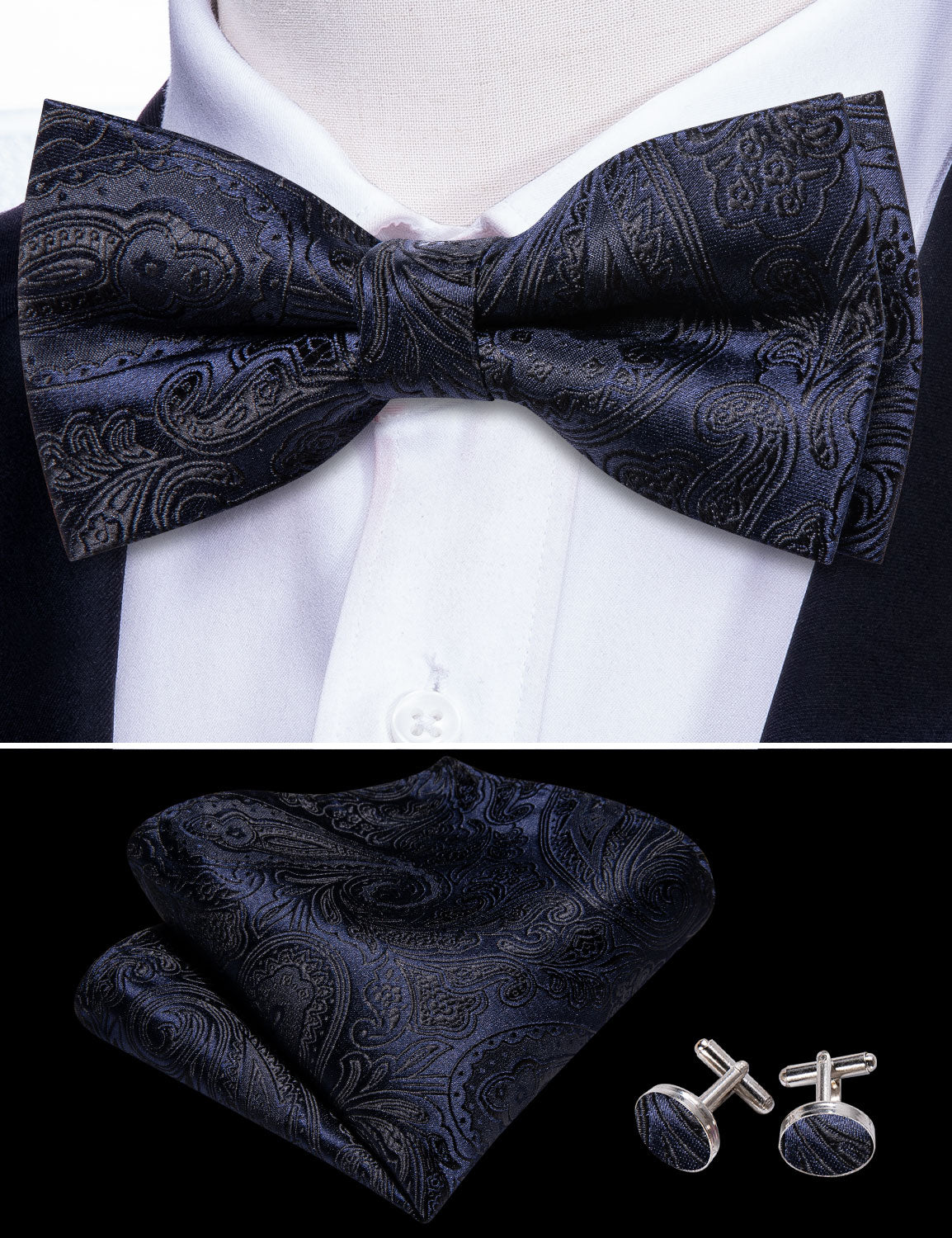 Barry. Wang Charcoal Grey Bow Tie Men's Paisley Pre-tied Tuxedo Bow Tie Pocket Square Cufflinks Set
