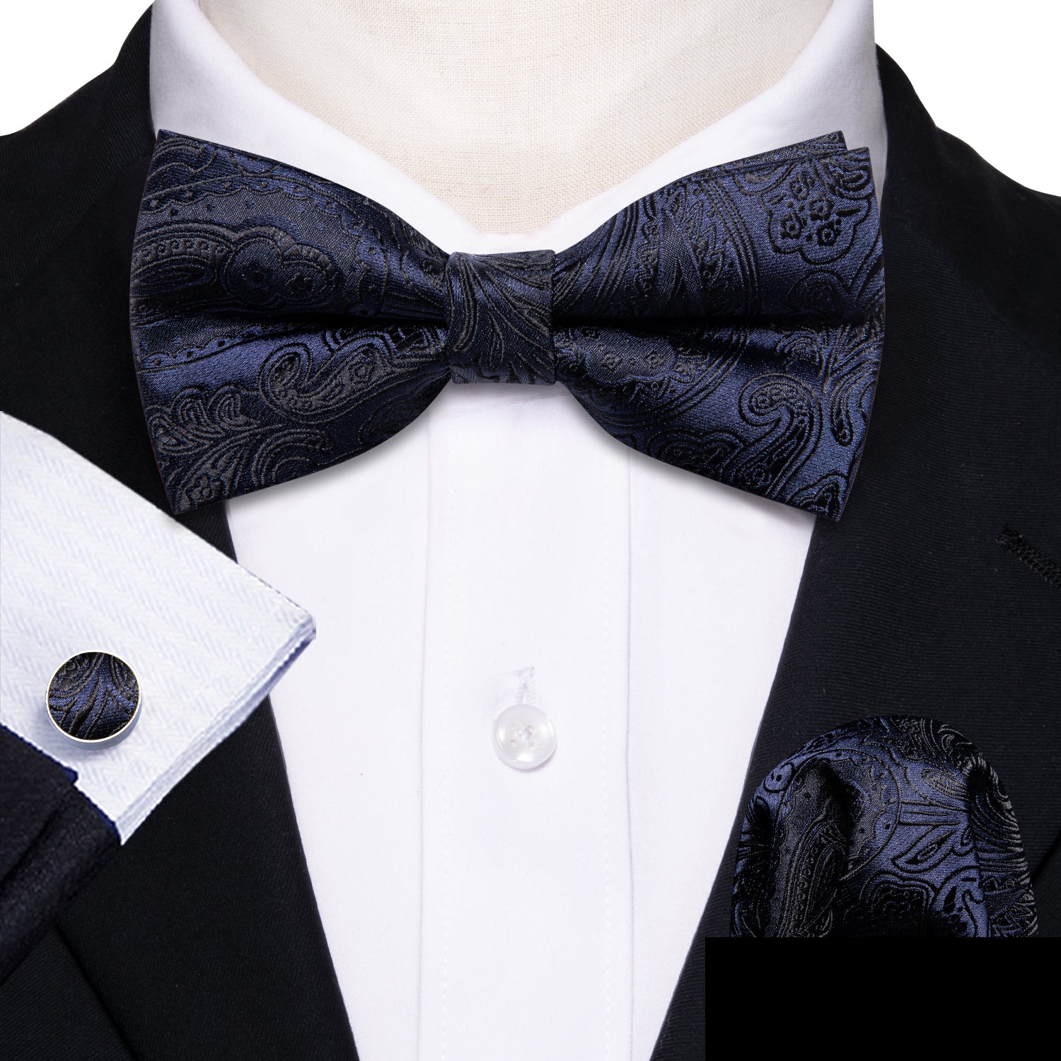 Deep Blue Paisley Pre-tied Bow Tie Hanky Cufflinks Set
