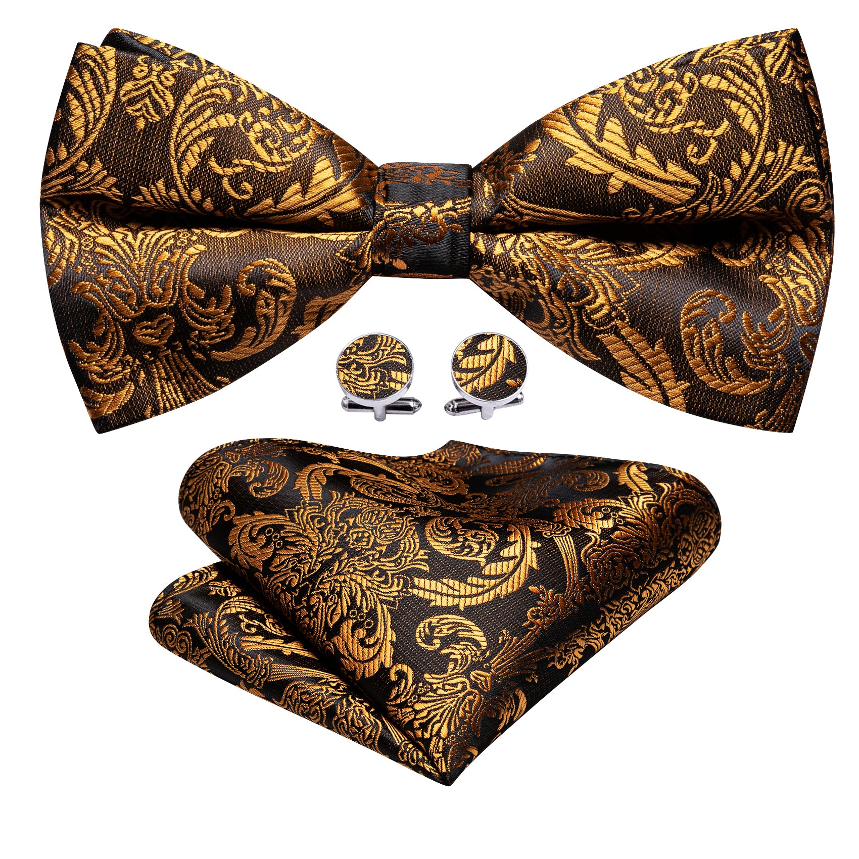 Gold Tie Black Paisley Pre-tied Bow Tie Hanky Cufflinks Set