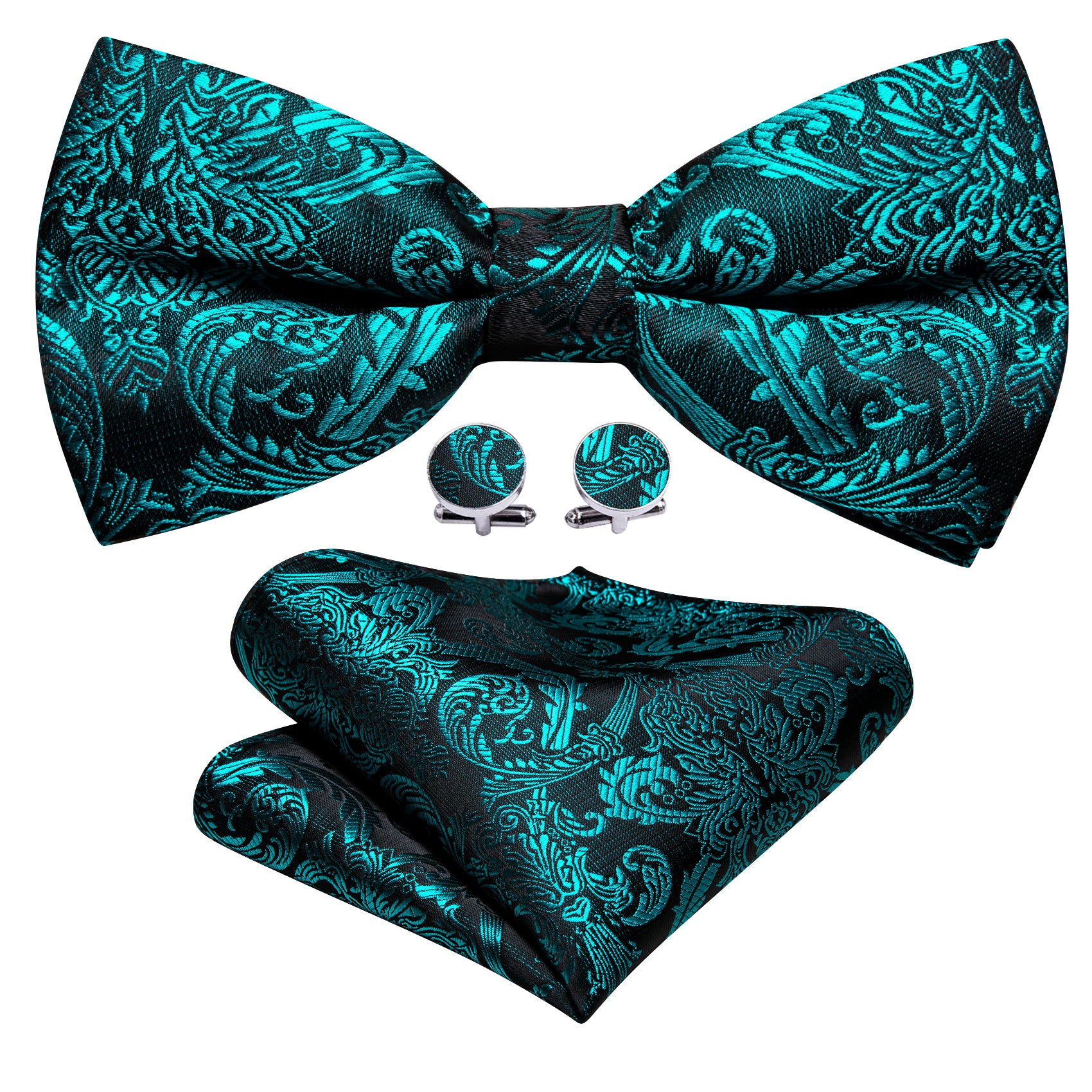 Teal Neck Ties Paisley Pre-tied Bow Tie Hanky Cufflinks Set