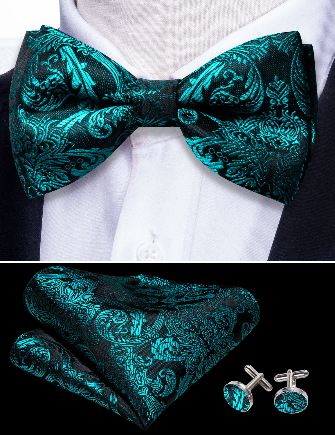 Teal Neck Ties Paisley Pre-tied Bow Tie Hanky Cufflinks Set