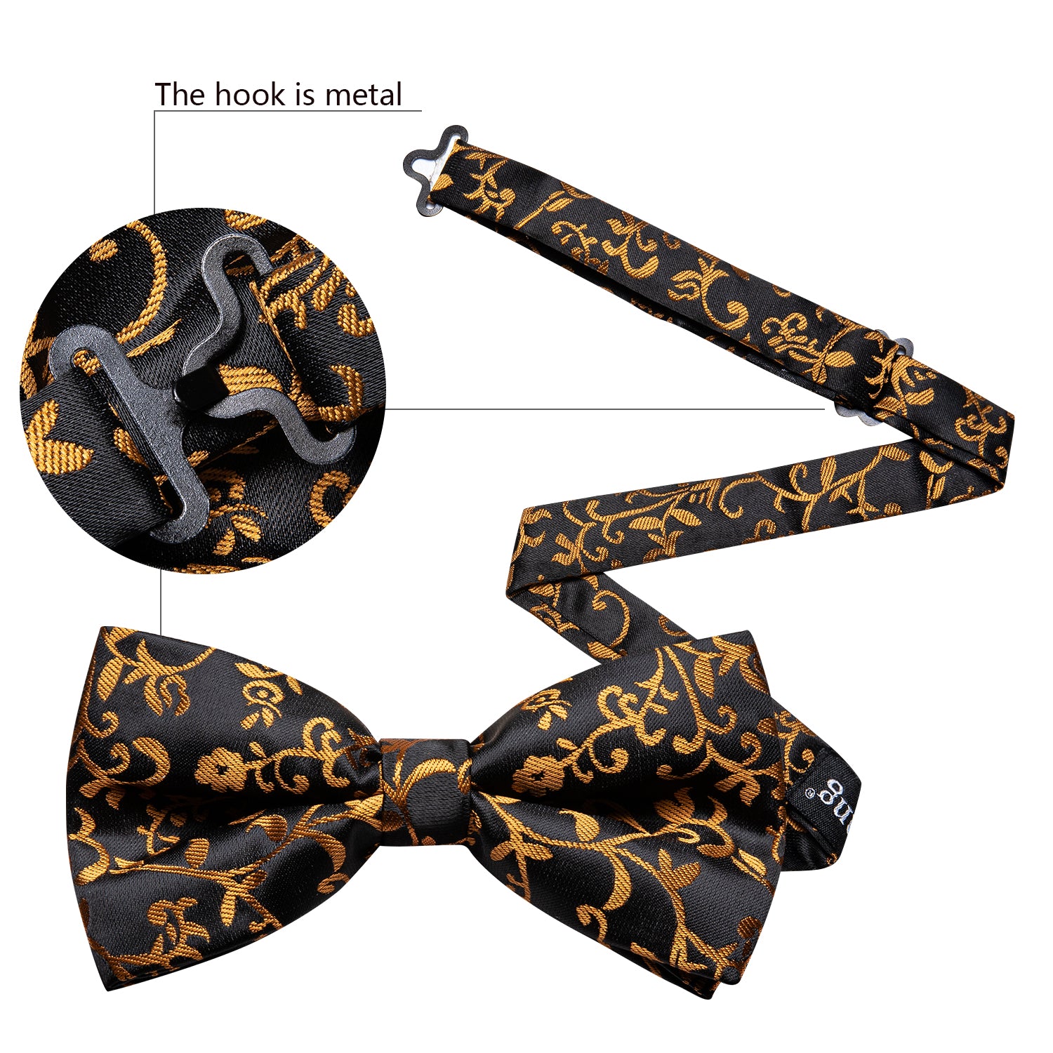 Black Gold Floral Pre-tied Bow Tie Hanky Cufflinks Set