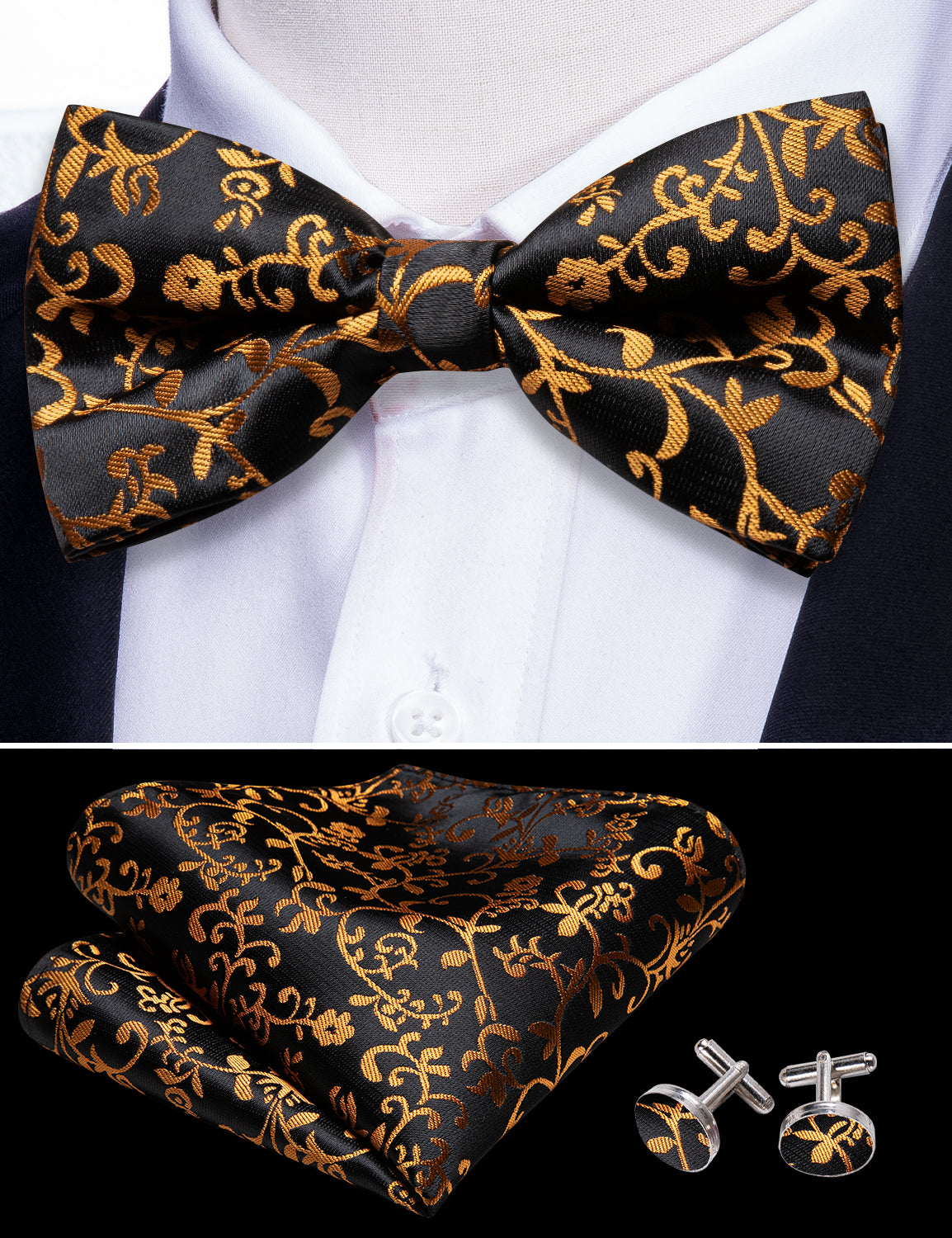 Black Gold Floral Pre-tied Silk Bow Tie Hanky Cufflinks Set