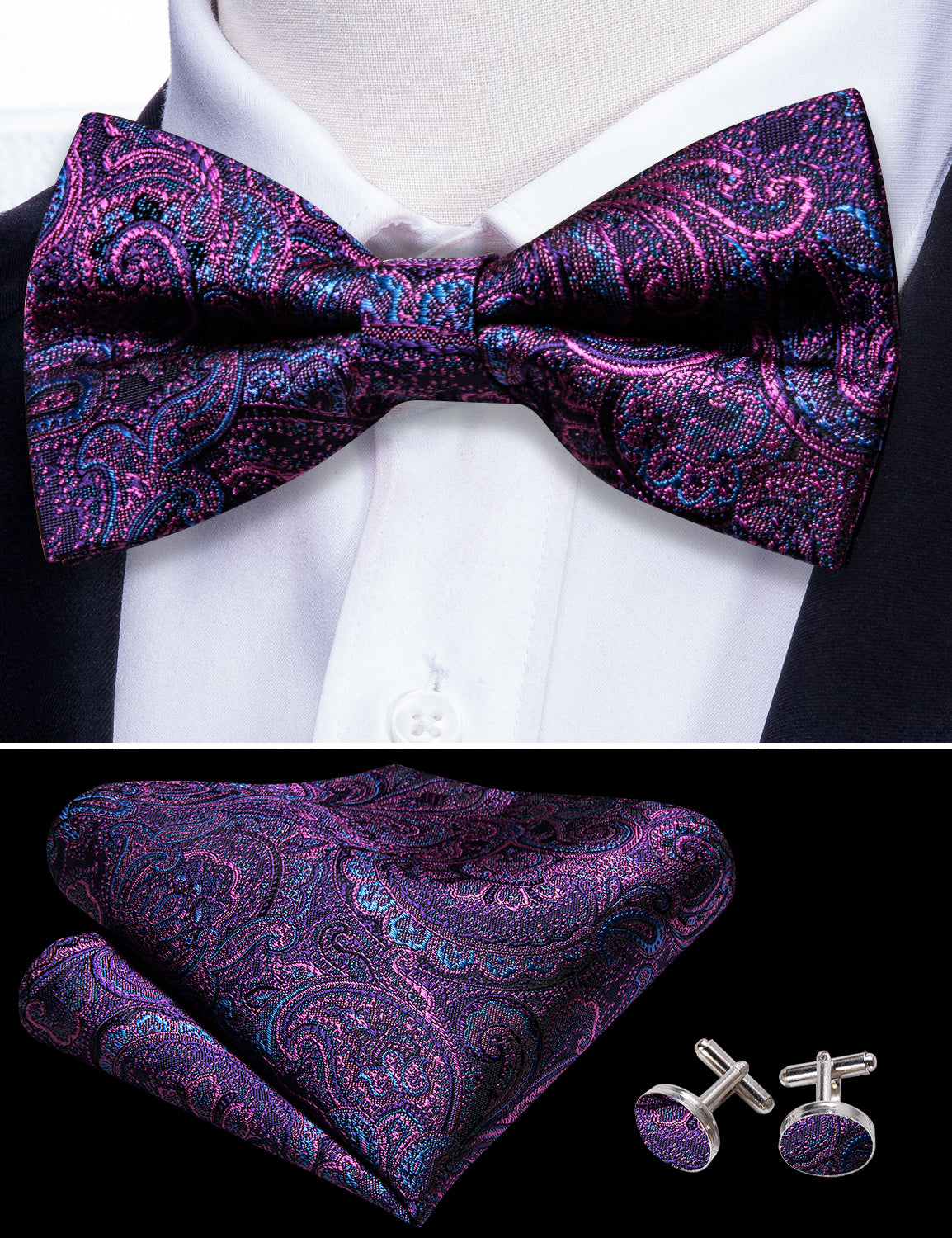 Barry. Wang Wisteria Purple Bowtie for Men Adjustable Paisley Pre-tied Bow Tie Set for Formal Tuxedo