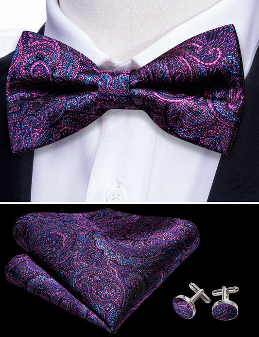 Barry. Wang Wisteria Purple Bowtie for Men Adjustable Paisley Pre-tied Bow Tie Set for Formal Tuxedo