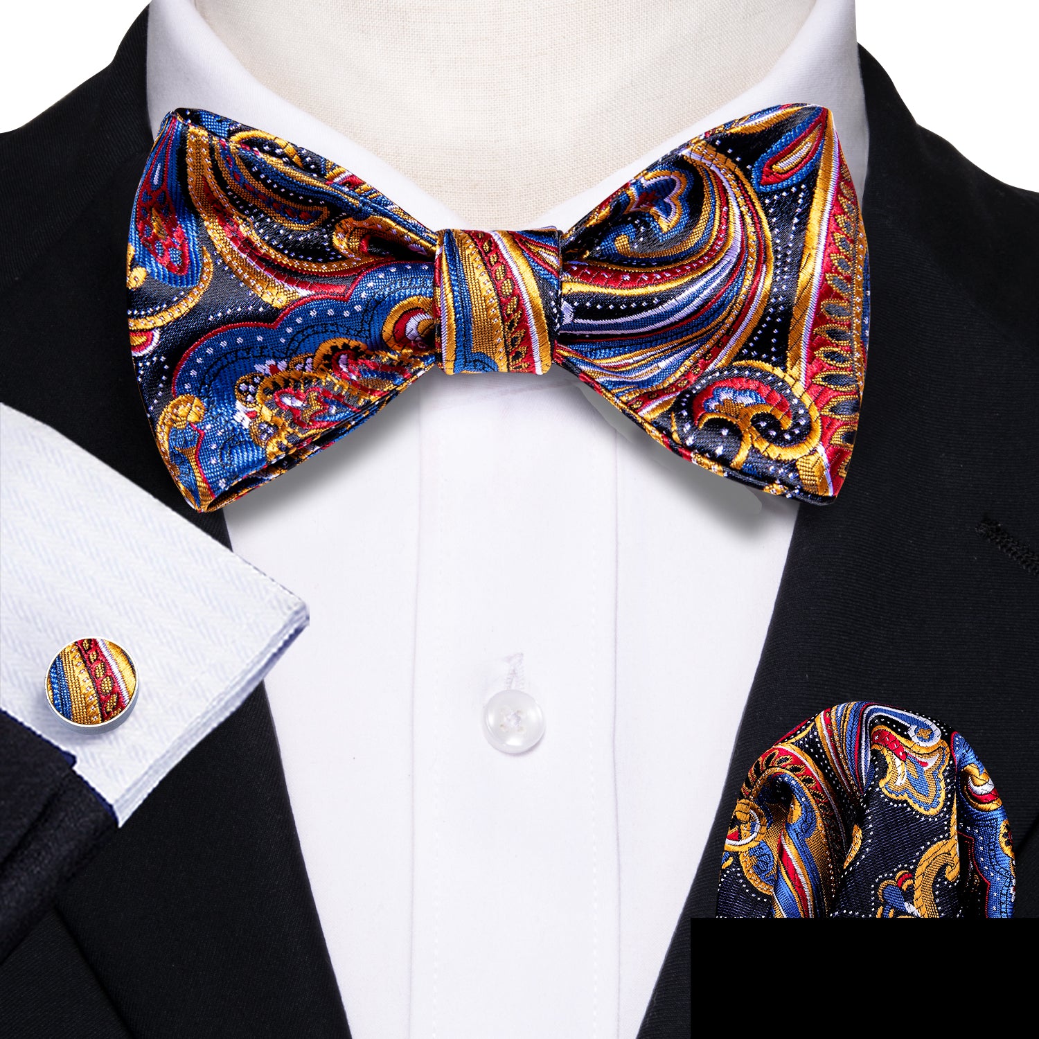 Colorful Paisley Self Tie Bow Tie Hanky Cufflinks Set