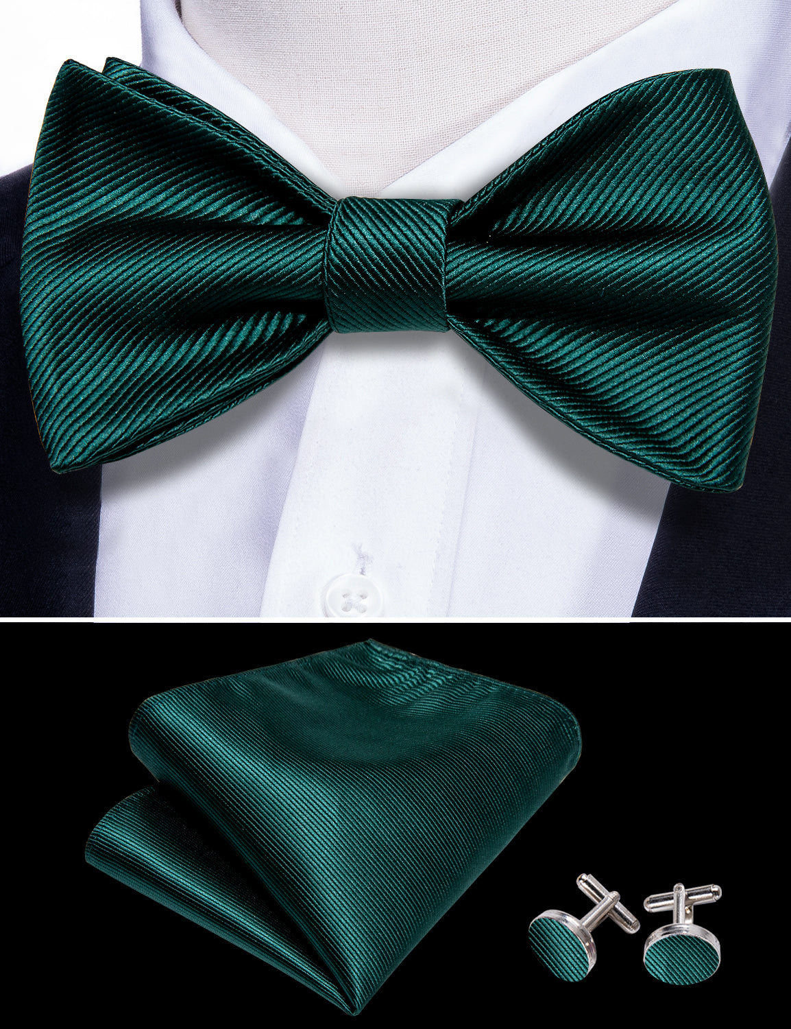 Green Self Tie Bow Tie Hanky Cufflinks Set