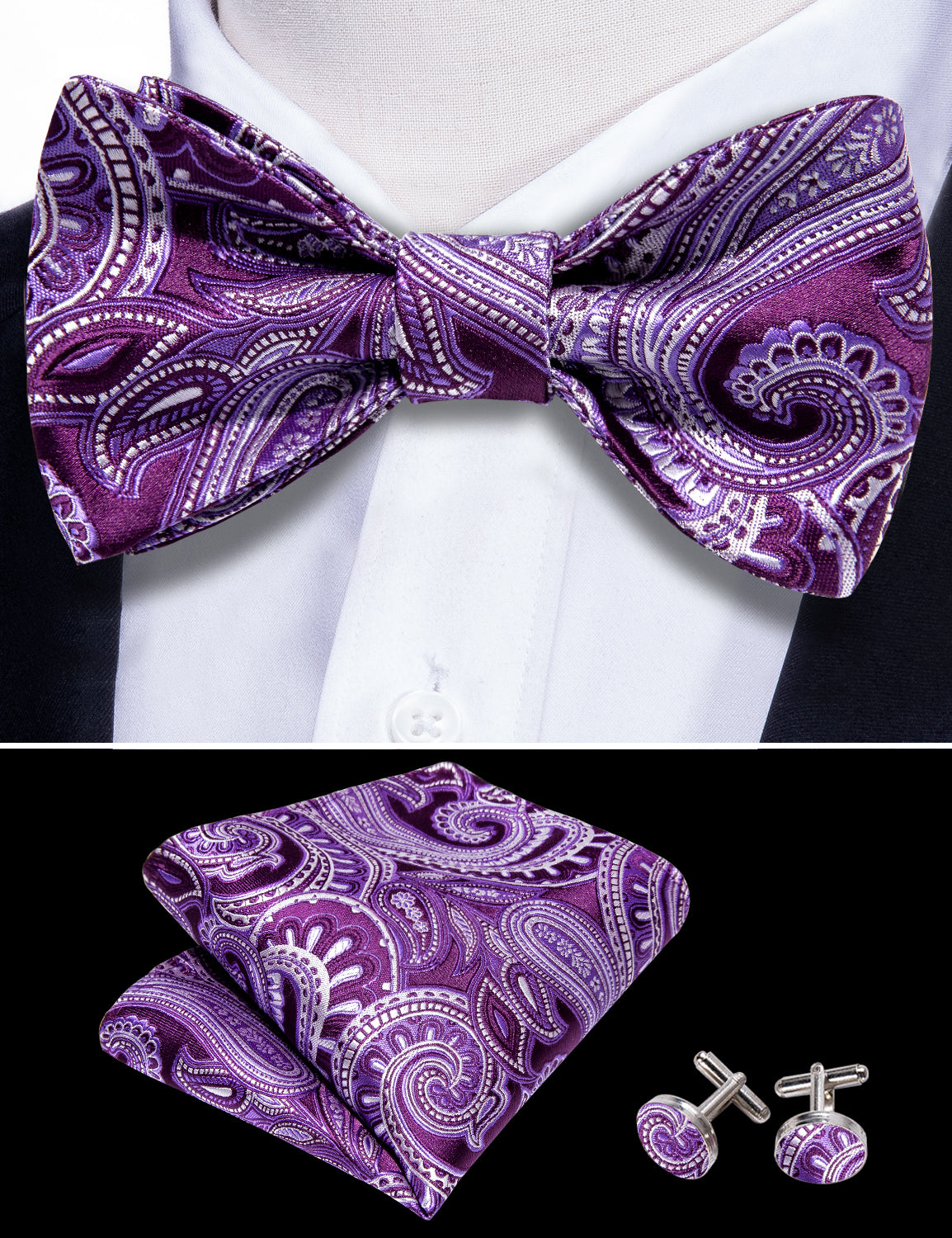 Barry. Wang Wisteria Purple Bowtie Set for Men Silk Paisley Wedding Party Bow Tie Hanky Cufflinks Set