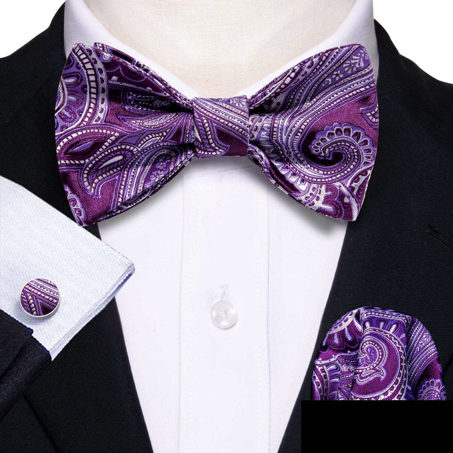Barry.wang Purple Tie Paisley Self Tie Bow Tie Hanky Cufflinks Set Classic Hot
