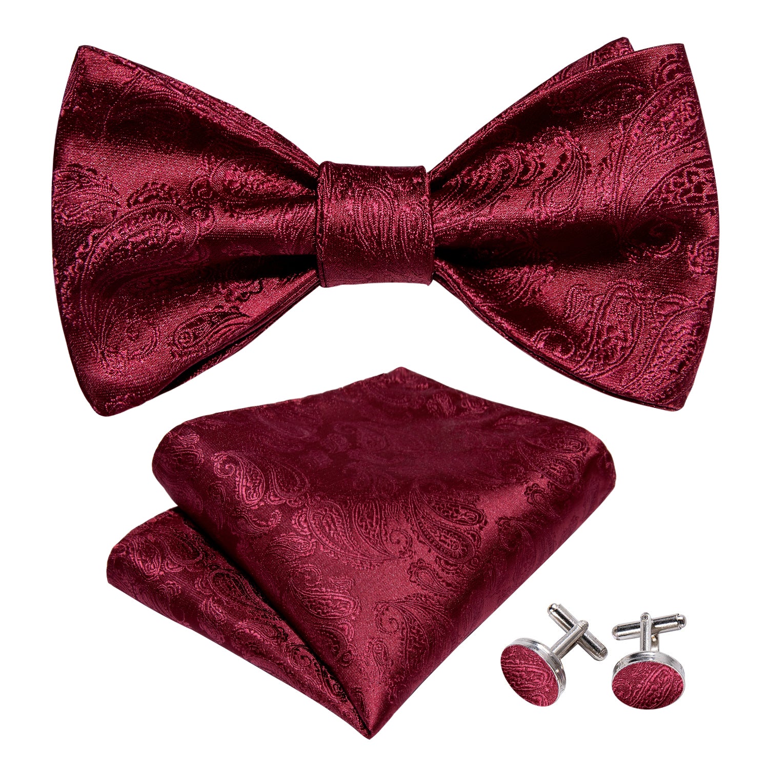 Barry. Wang Cranberry Red Bowtie Hanky Cufflinks Set for Wedding Paisley Adjustable Self-tied Bow Tie