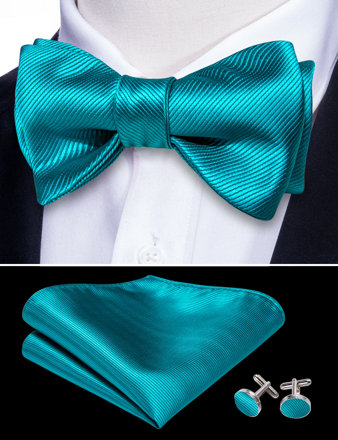 Mens Blue Solid Self Tie Silk Bow Tie Hanky Cufflinks Set