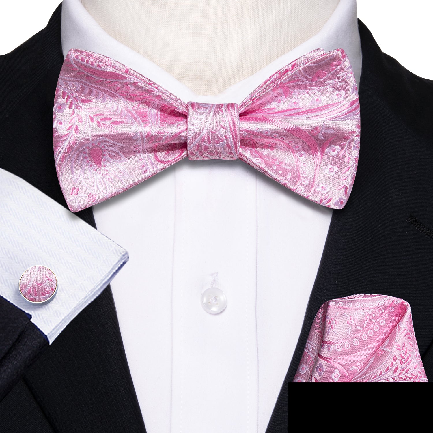 Pink Floral Self Tie Bow Tie Hanky Cufflinks Set