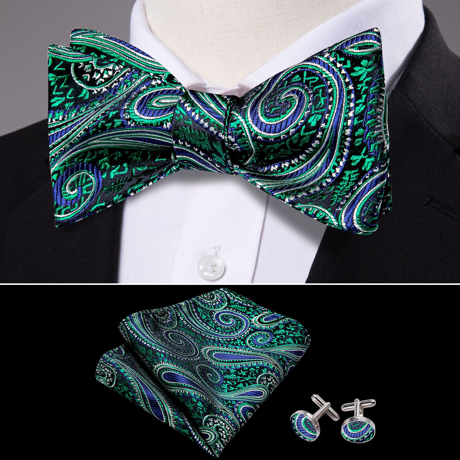 Green Paisley Silk Self Tie Bow Tie Hanky Cufflinks Set