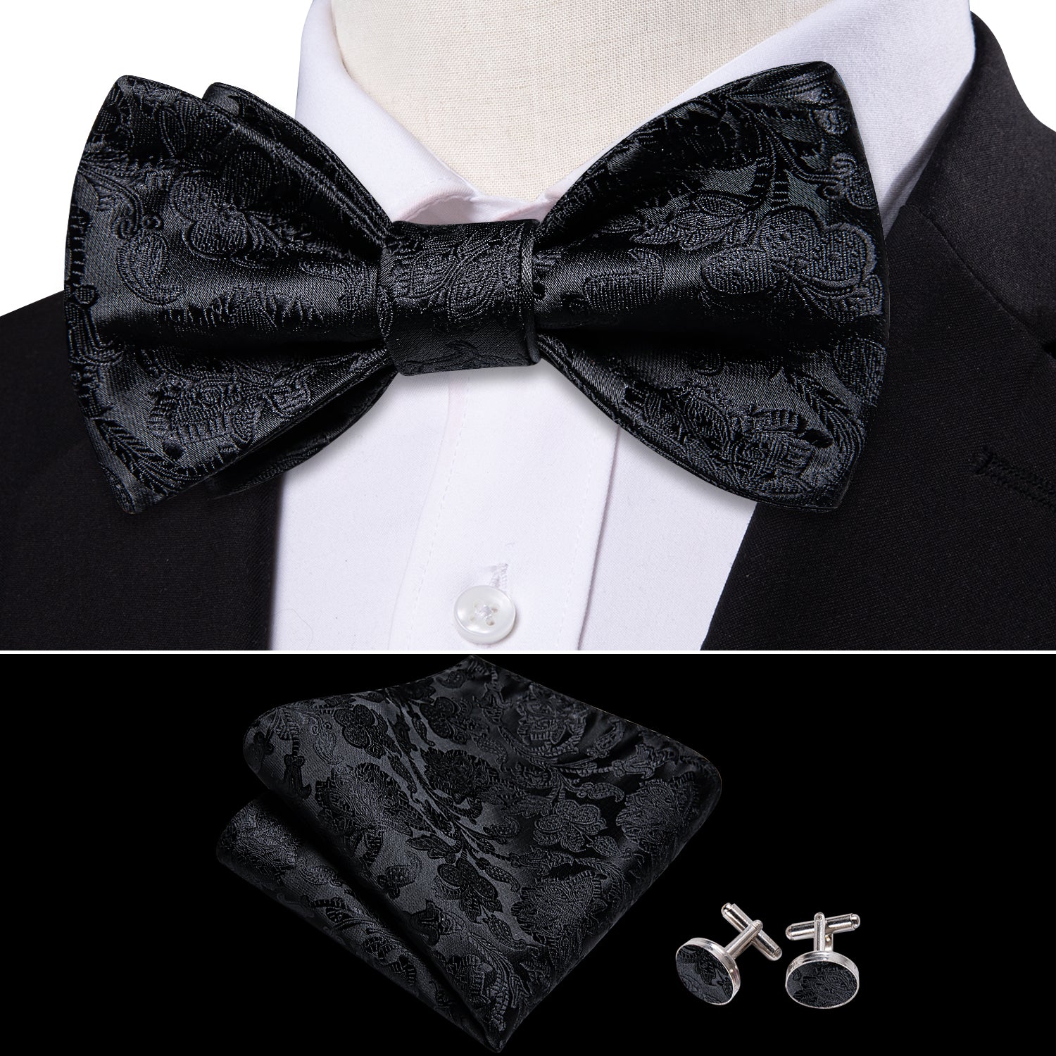 Black Floral Self Tie Bow Tie Hanky Cufflinks Set