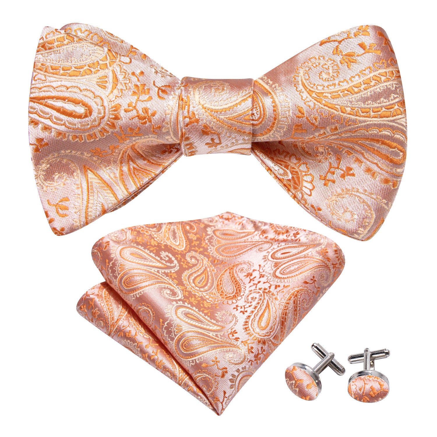 Barry. Wang Peach Puff Bow Tie Pocket Square Cufflinks Set Silk Self-tied Jacquard Wedding Bow Tie