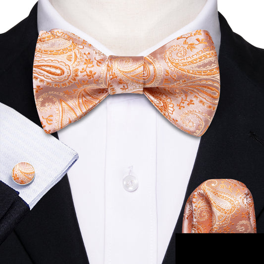 Barry. Wang Peach Puff Bow Tie Pocket Square Cufflinks Set Silk Self-tied Jacquard Wedding Bow Tie