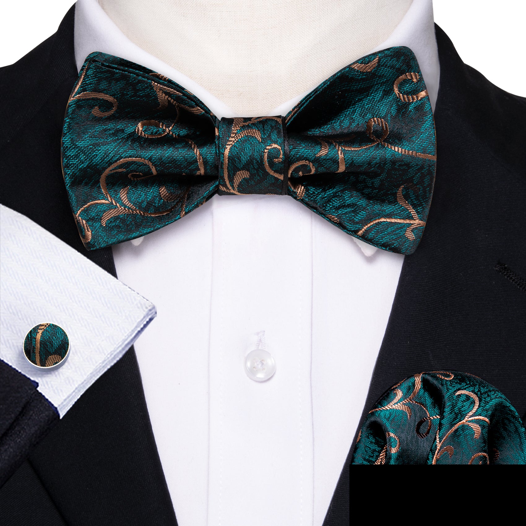 Barry.wang Floral Tie Green Gold Jacquard Woven Silk Self-Tie Bow Tie Set