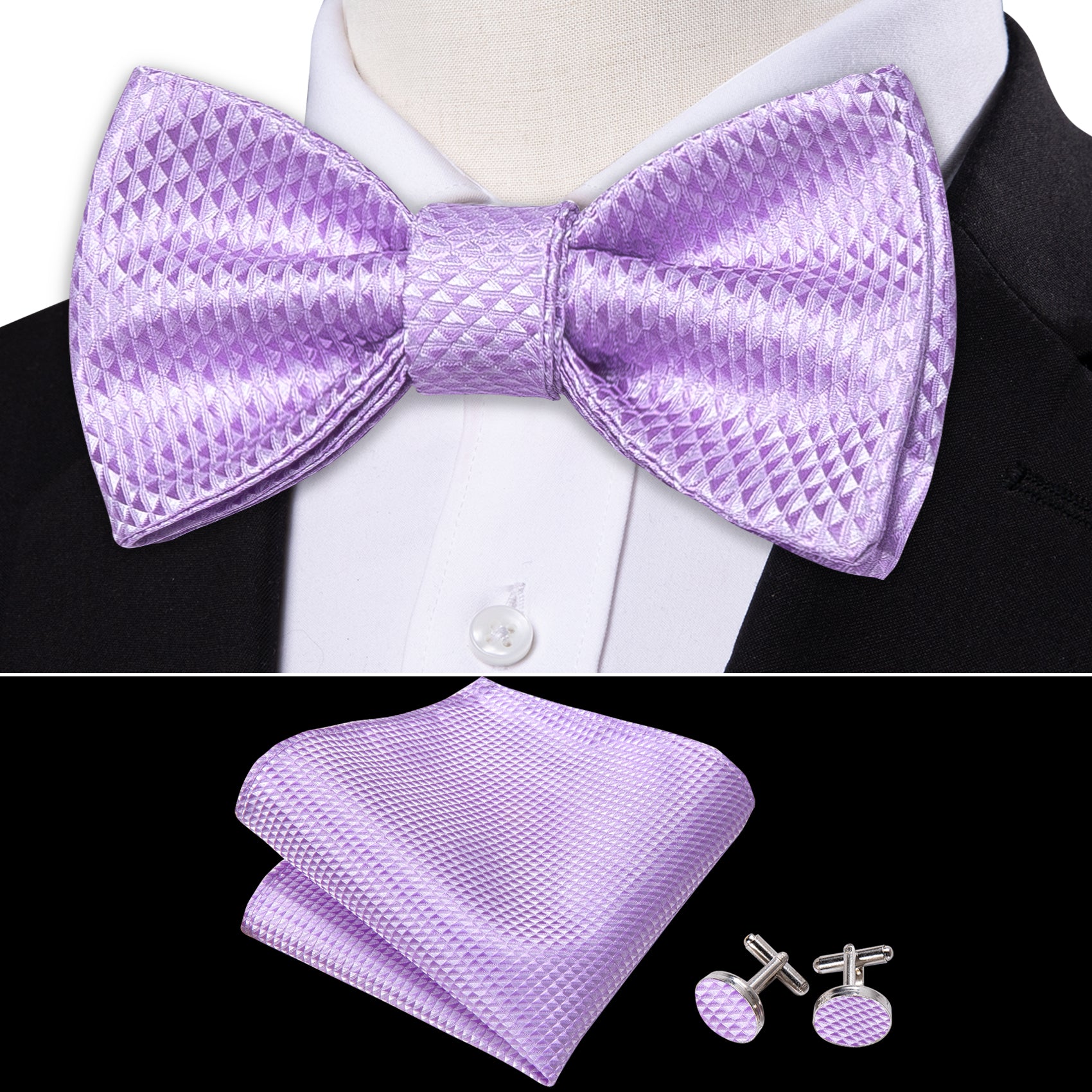 Barry.wang Purple Tie Solid Silk Self Tie Bow Tie Hanky Cufflinks Set