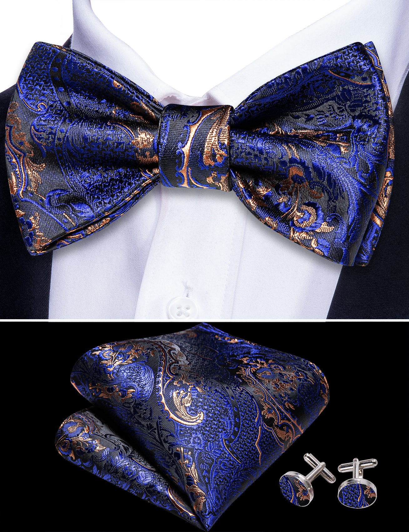 Blue Brown Paisley Silk Self Tie Bow Tie Hanky Cufflinks Set