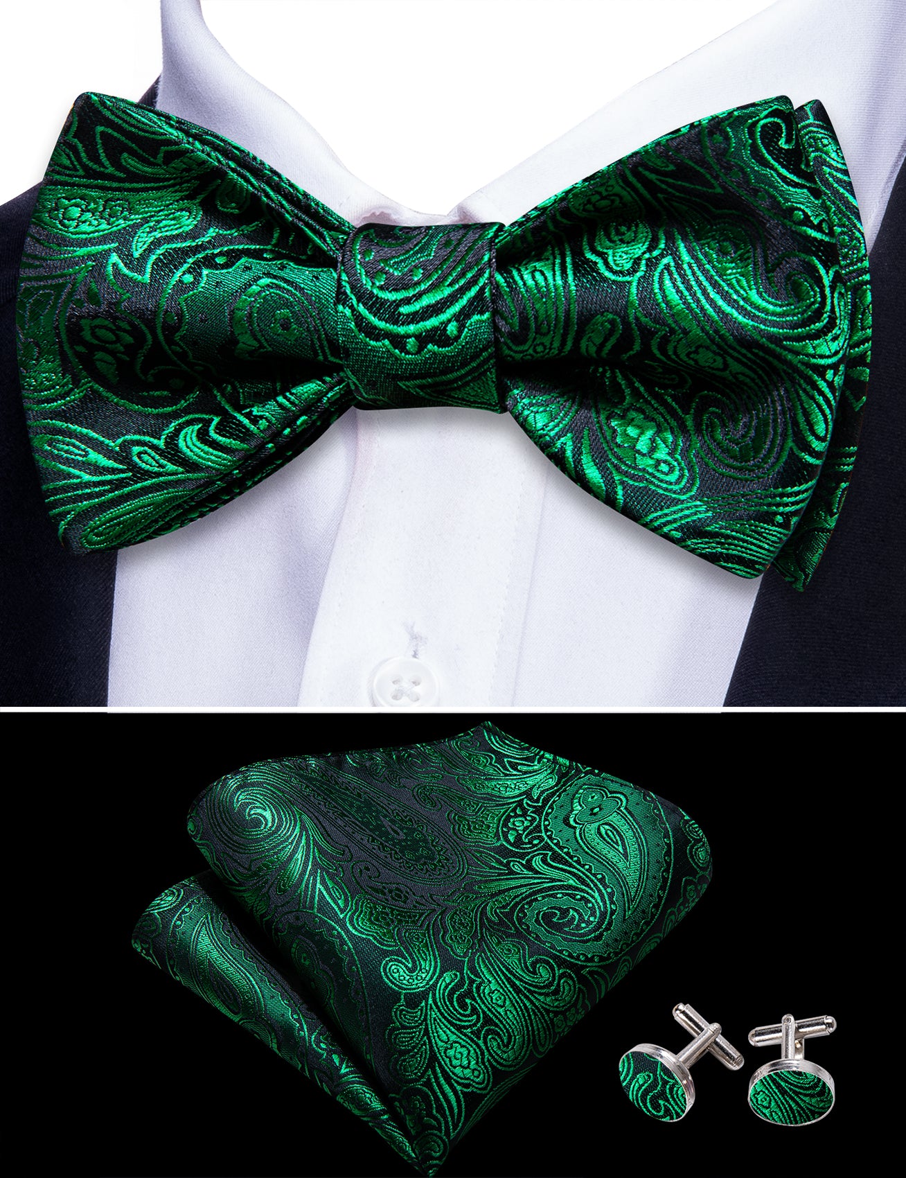 Olive Green Paisley Silk Bow Tie Hanky Cufflinks Set