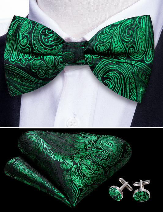 Barry. Wang Emerald Green Bow Tie Paisley Silk Pre-tied Jacquard Bow Tie Pocket Square Cufflinks Set