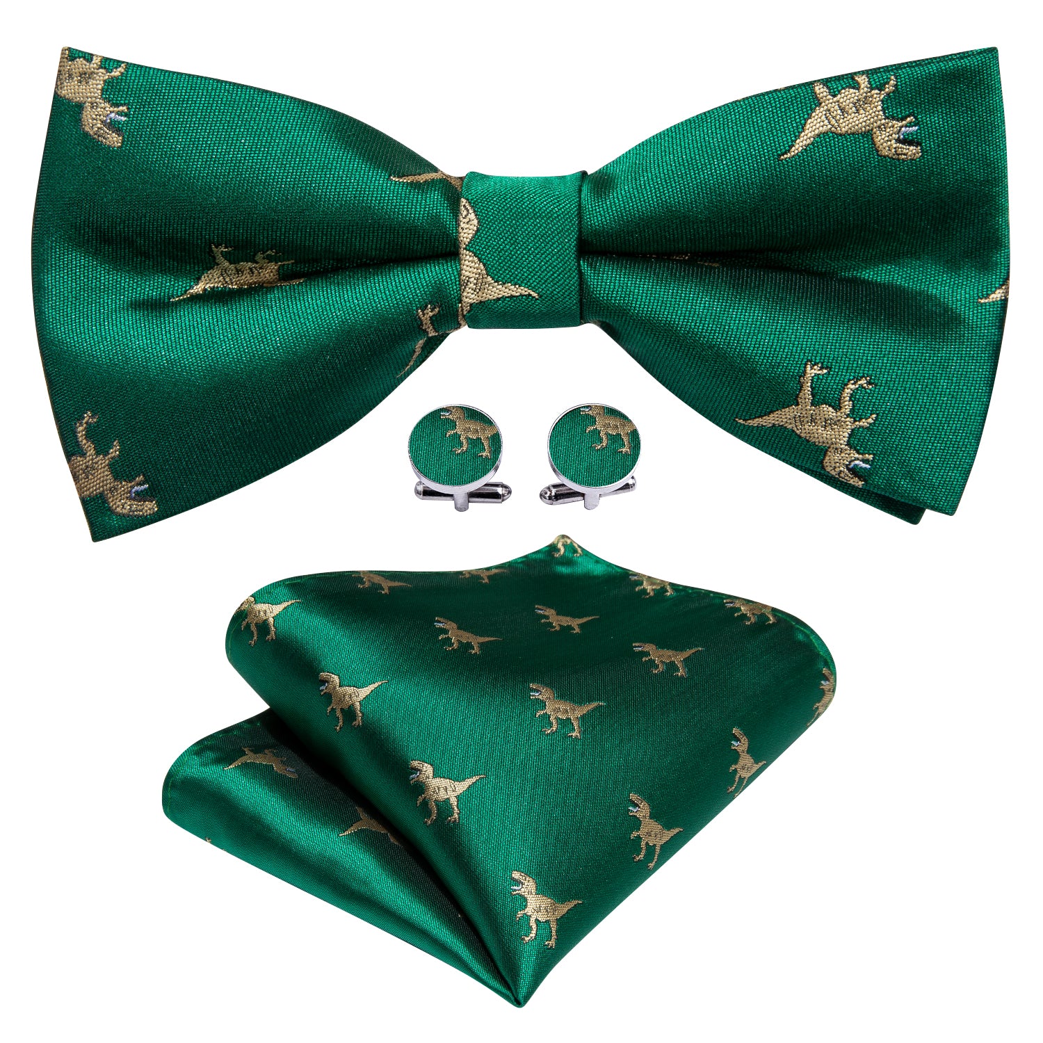 Barry. Wang Green Bowtie Pocket Square Cufflinks Set Dinosaur Pre-tied Silk Men's Party Bow Tie