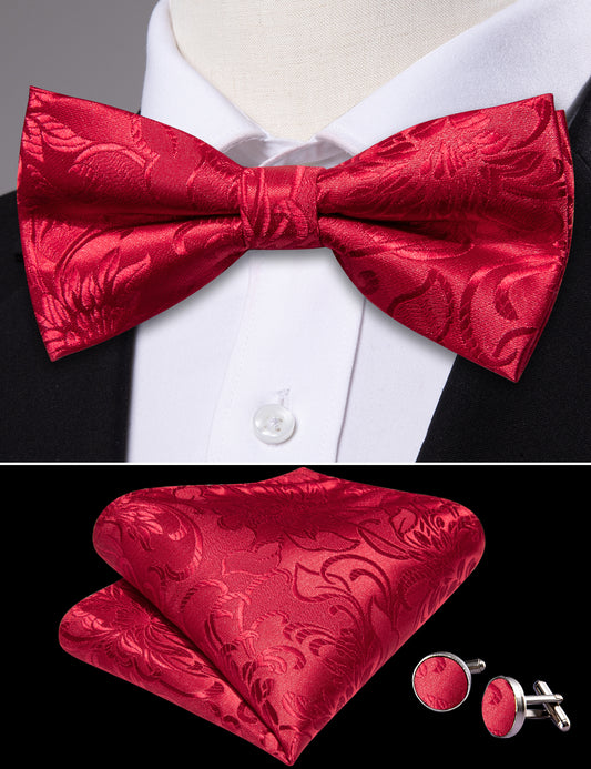 Barry. Wang Red Paisley Bow Tie Hanky Cufflinks Set Jacquard Formal Pre-tied Wedding Party Bow Tie
