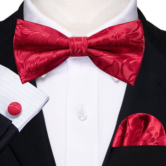 Barry. Wang Red Paisley Bow Tie Hanky Cufflinks Set Jacquard Formal Pre-tied Wedding Party Bow Tie