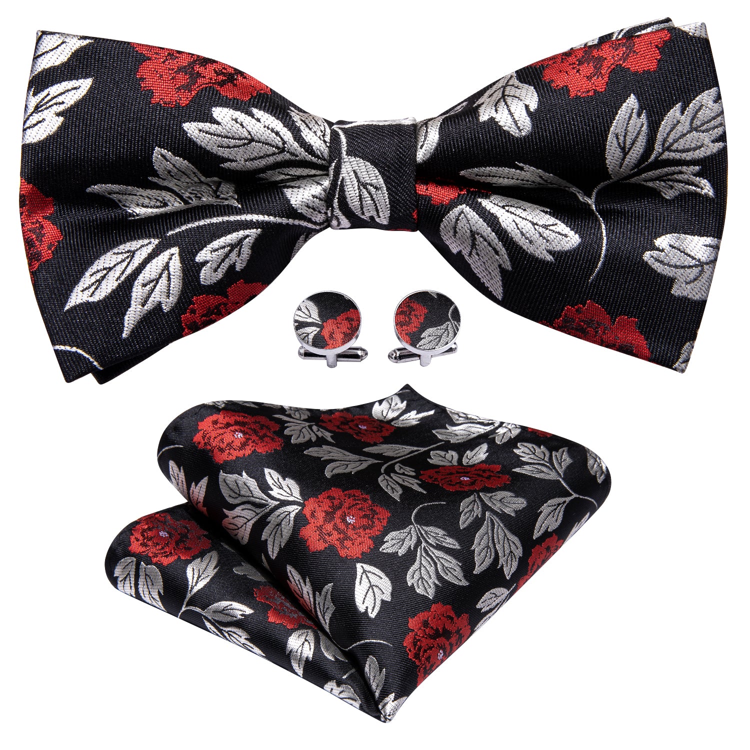 Black Silver Paisley Pre-tied Bow Tie Hanky Cufflinks Set