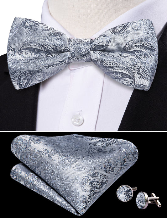 Barry. Wang Silver Bowtie for Wedding Adjustable Paisley Silk Pre-tied Bow Tie Hanky Cufflinks Set